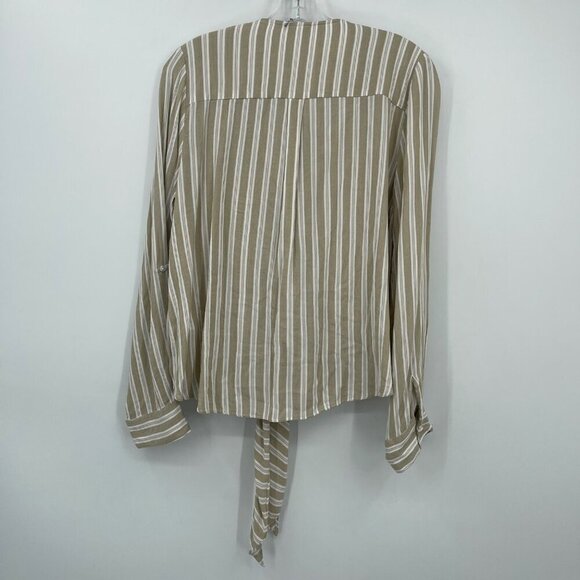 Elan Top Women's M Tan White Stripe Cross Over‎ Tie Front Roll Tab Sleeve Breezy - Picture 5 of 10
